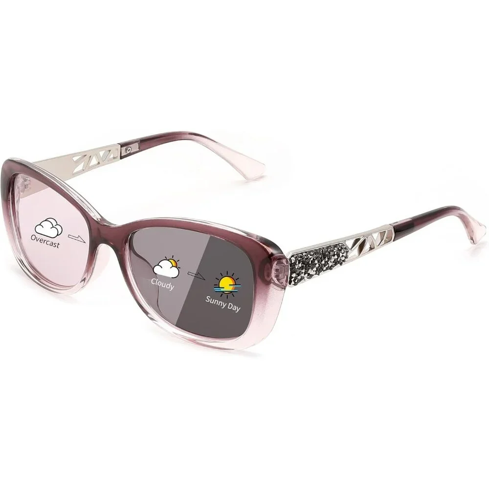 Women's Purple Retro Shades Photochromic Lens Sparkling Crystal Sunglasses